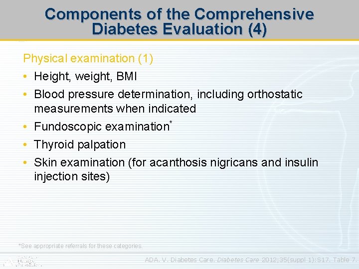 Components of the Comprehensive Diabetes Evaluation (4) Physical examination (1) • Height, weight, BMI
