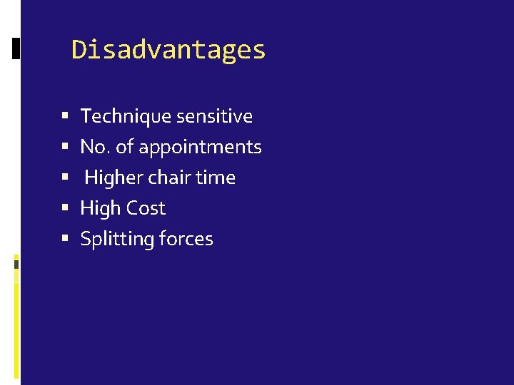  Disadvantages Technique sensitive No. of appointments Higher chair time High Cost Splitting forces