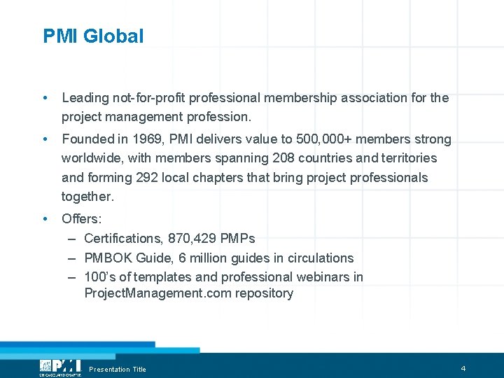 PMI Global • Leading not-for-profit professional membership association for the project management profession. •