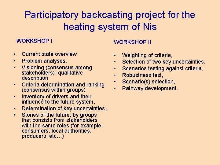 Participatory backcasting project for the heating system of Nis WORKSHOP I • • Current
