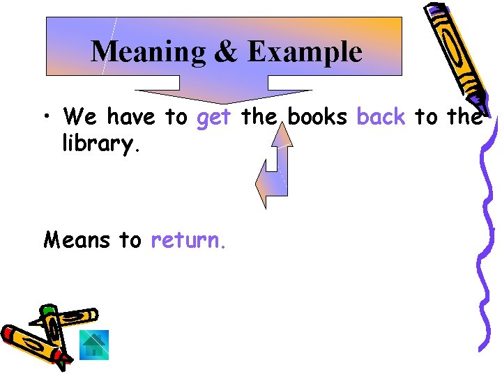 Meaning & Example • We have to get the books back to the library.