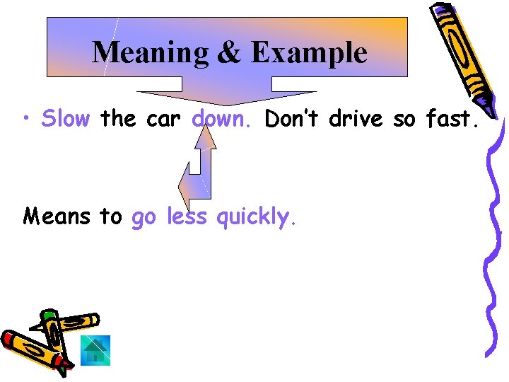 Meaning & Example • Slow the car down. Don’t drive so fast. Means to