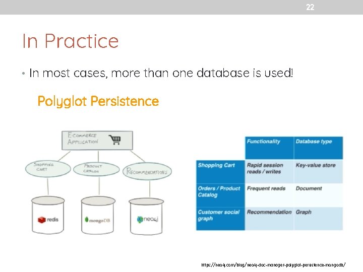 22 In Practice • In most cases, more than one database is used! Polyglot