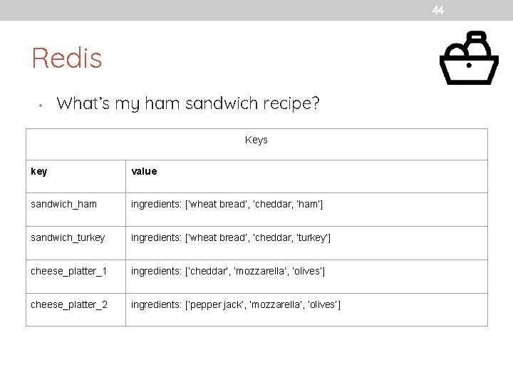 44 Redis • What’s my ham sandwich recipe? Keys key value sandwich_ham ingredients: [‘wheat