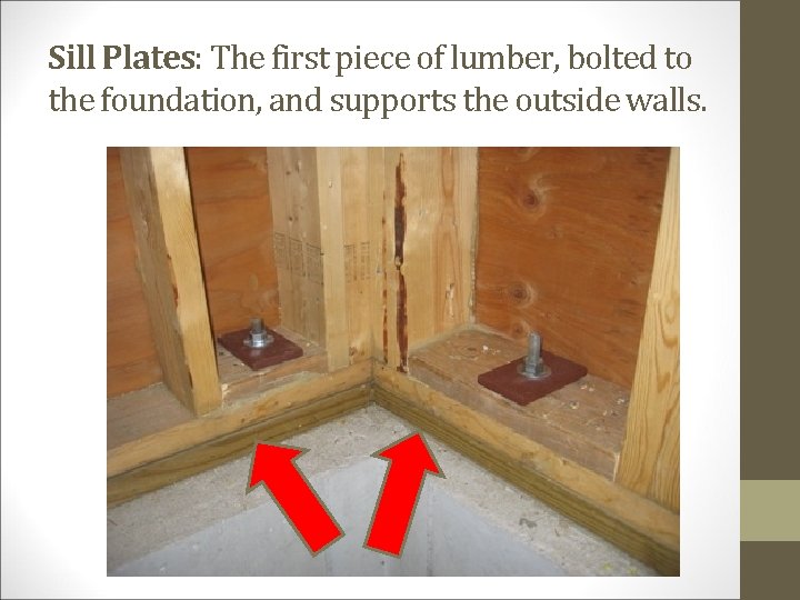 Sill Plates: The first piece of lumber, bolted to the foundation, and supports the