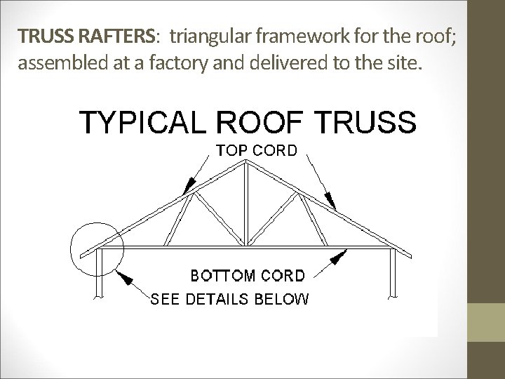 TRUSS RAFTERS: triangular framework for the roof; assembled at a factory and delivered to