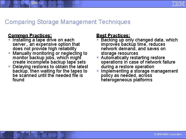 IBM ^ Comparing Storage Management Techniques Common Practices: § Installing a tape drive on