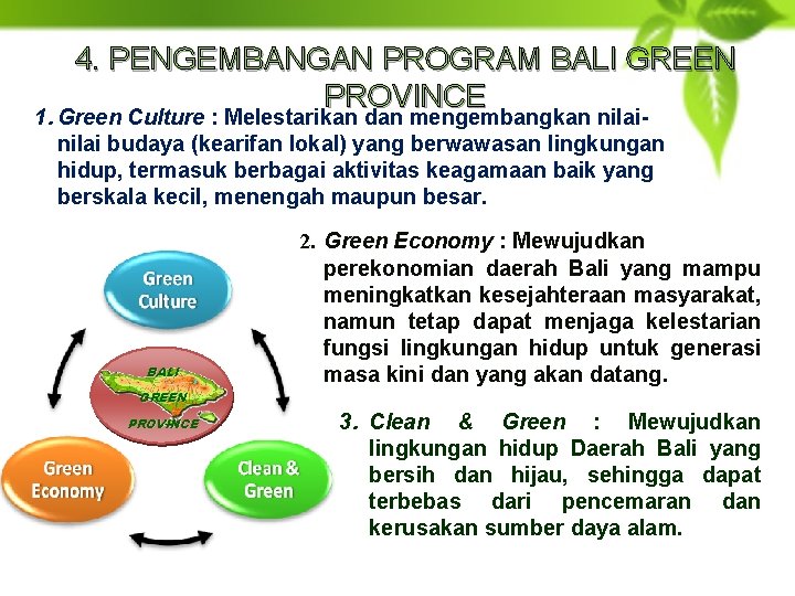 4. PENGEMBANGAN PROGRAM BALI GREEN PROVINCE 1. Green Culture : Melestarikan dan mengembangkan nilai