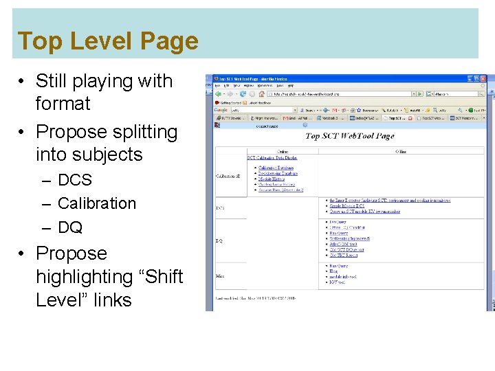 Top Level Page • Still playing with format • Propose splitting into subjects –