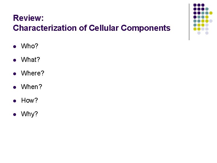 Review: Characterization of Cellular Components l Who? l What? l Where? l When? l