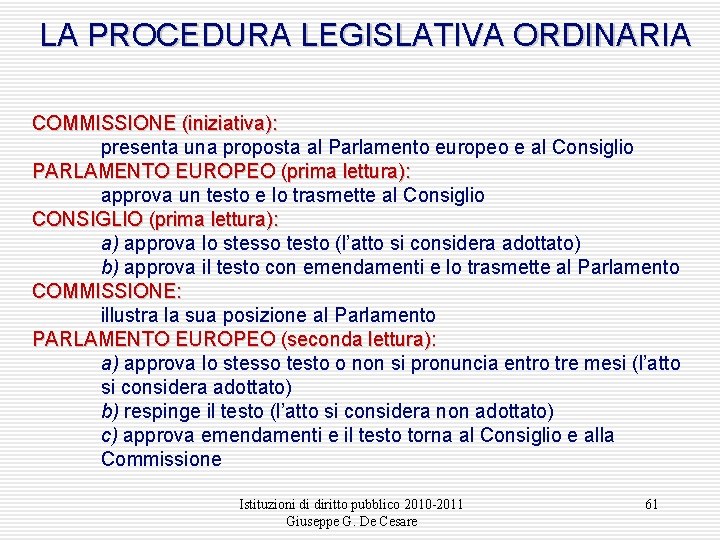 LA PROCEDURA LEGISLATIVA ORDINARIA COMMISSIONE (iniziativa): presenta una proposta al Parlamento europeo e al