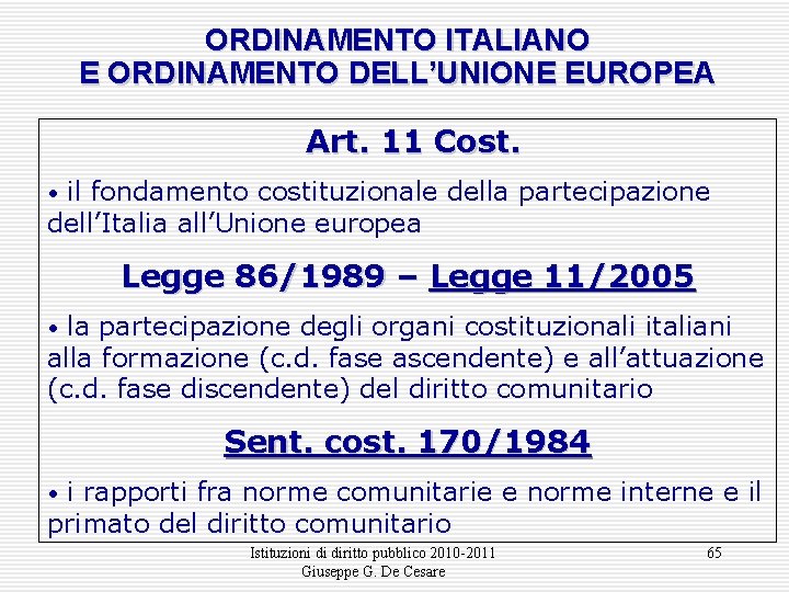 ORDINAMENTO ITALIANO E ORDINAMENTO DELL’UNIONE EUROPEA Art. 11 Cost. • il fondamento costituzionale della