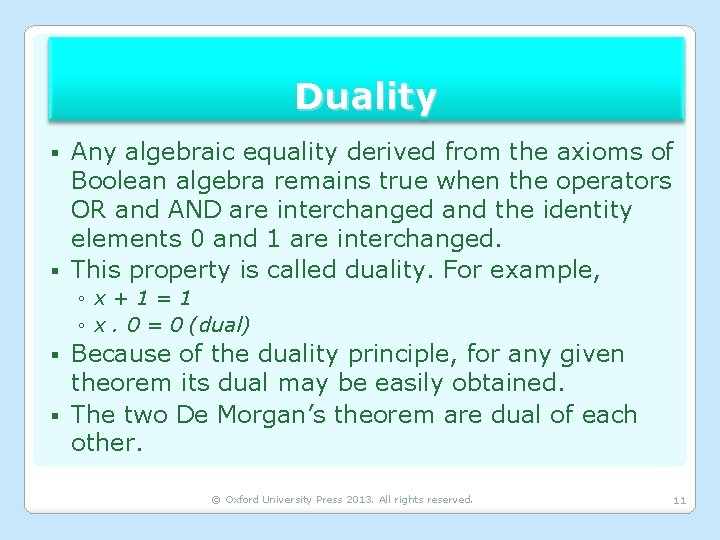 Duality Any algebraic equality derived from the axioms of Boolean algebra remains true when