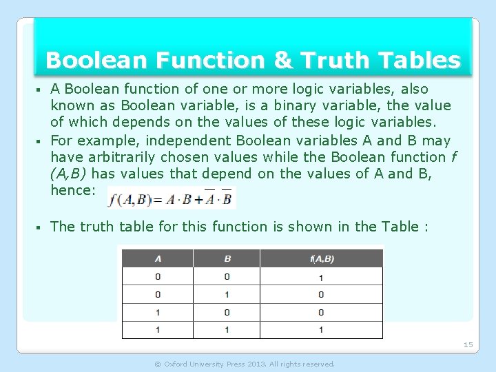 Boolean Function & Truth Tables A Boolean function of one or more logic variables,