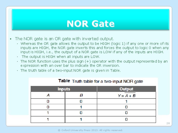NOR Gate § The NOR gate is an OR gate with inverted output. ◦