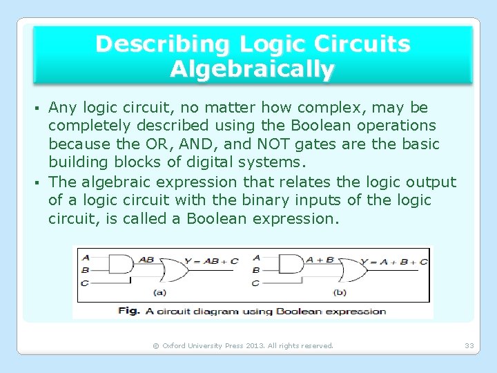 Describing Logic Circuits Algebraically Any logic circuit, no matter how complex, may be completely