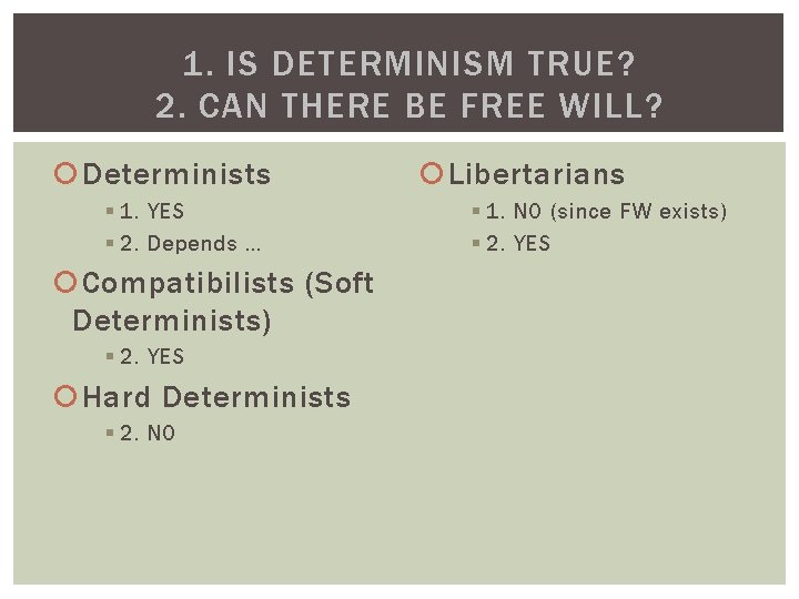 1. IS DETERMINISM TRUE? 2. CAN THERE BE FREE WILL? Determinists § 1. YES