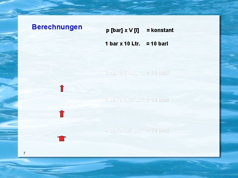 Berechnungen p [bar] x V [l] = konstant 1 bar x 10 Ltr. =