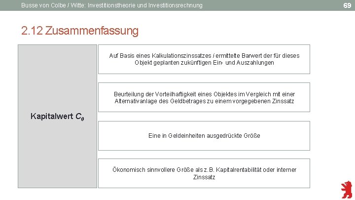 Busse von Colbe / Witte: Investitionstheorie und Investitionsrechnung 2. 12 Zusammenfassung Auf Basis eines