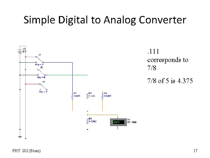 Simple Digital to Analog Converter. 111 corresponds to 7/8 of 5 is 4. 375