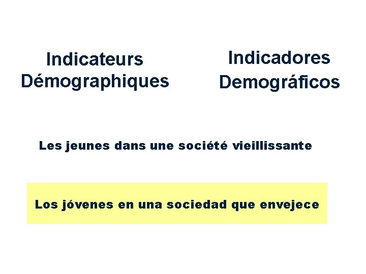 Indicateurs Démographiques Indicadores Demográficos Les jeunes dans une société vieillissante Los jóvenes en una