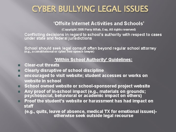CYBER BULLYING LEGAL ISSUES ‘Offsite Internet Activities and Schools’ (Copyright 2005 Parry Aftab, Esq.