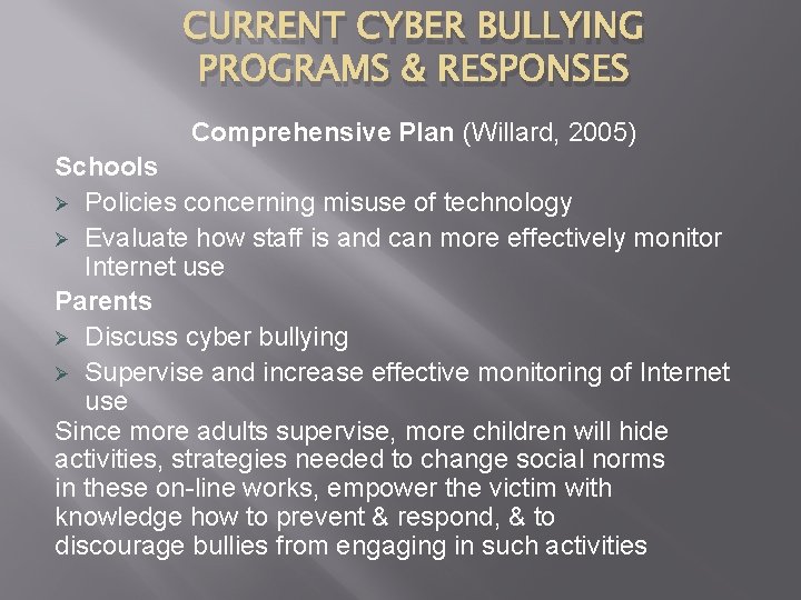 CURRENT CYBER BULLYING PROGRAMS & RESPONSES Comprehensive Plan (Willard, 2005) Schools Ø Policies concerning