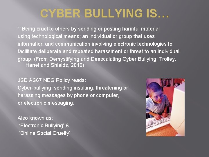 CYBER BULLYING IS… **Being cruel to others by sending or posting harmful material using