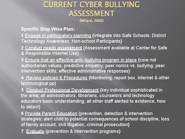 CURRENT CYBER BULLYING ASSESSMENT (Willard, 2005) Specific Step Wise Plan: 1 Engage in participatory