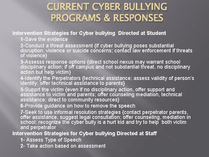 CURRENT CYBER BULLYING PROGRAMS & RESPONSES Intervention Strategies for Cyber bullying Directed at Student
