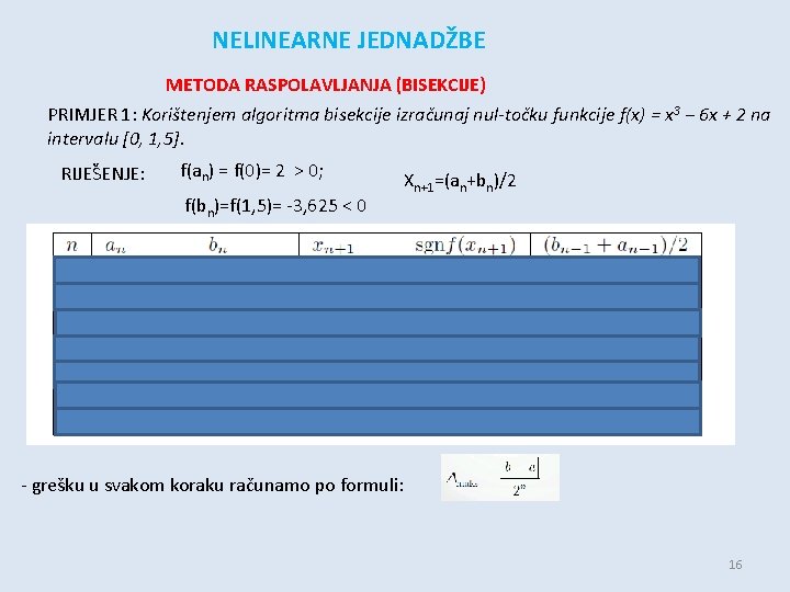 NELINEARNE JEDNADŽBE METODA RASPOLAVLJANJA (BISEKCIJE) PRIMJER 1: Korištenjem algoritma bisekcije izračunaj nul-točku funkcije f(x)