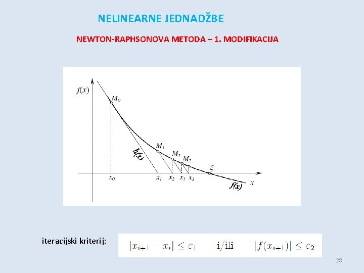 NELINEARNE JEDNADŽBE NEWTON-RAPHSONOVA METODA – 1. MODIFIKACIJA iteracijski kriterij: 28 