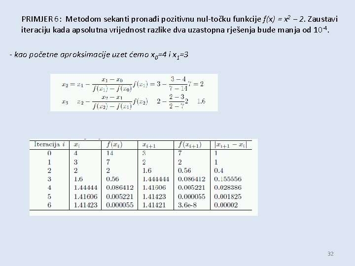 PRIMJER 6: Metodom sekanti pronađi pozitivnu nul-točku funkcije f(x) = x 2 − 2.