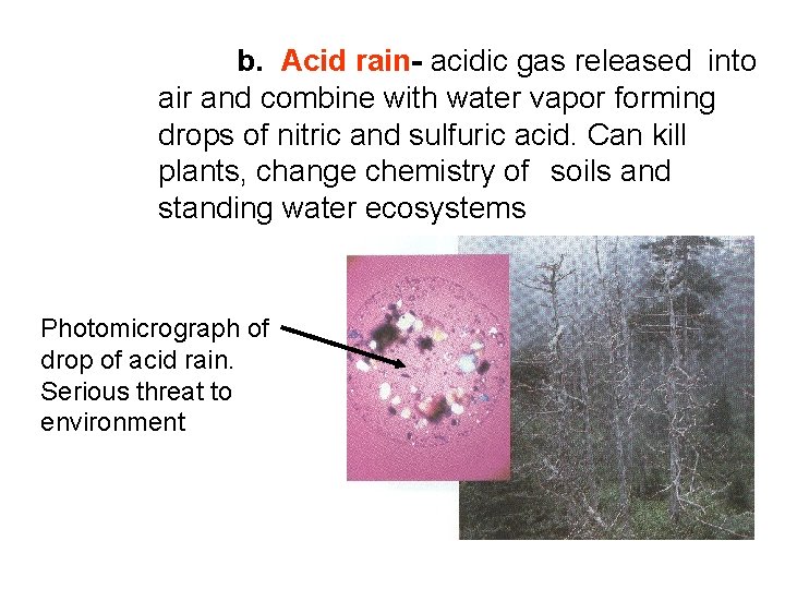 b. Acid rain- acidic gas released into air and combine with water vapor forming
