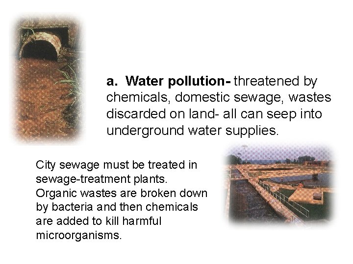 a. Water pollution- threatened by chemicals, domestic sewage, wastes discarded on land- all can