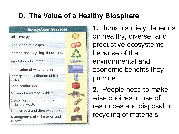 D. The Value of a Healthy Biosphere 1. Human society depends on healthy, diverse,