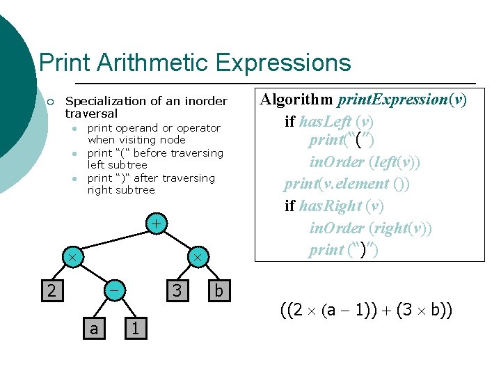 Print Arithmetic Expressions ¡ Specialization of an inorder traversal l print operand or operator Print Arithmetic Expressions ¡ Specialization of an inorder traversal l print operand or operator