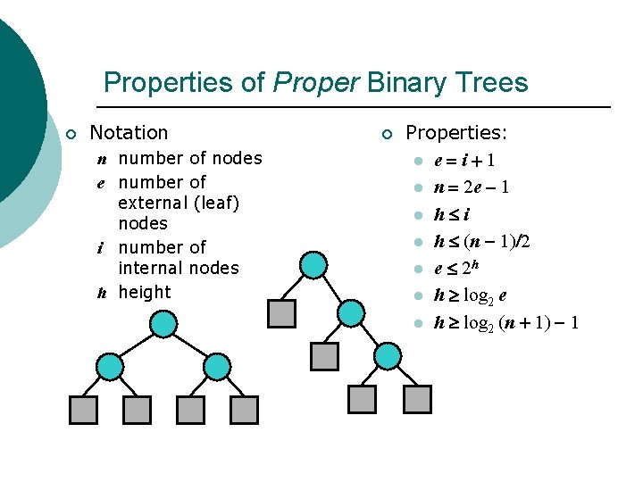 Properties of Proper Binary Trees ¡ Notation n number of nodes e number of Properties of Proper Binary Trees ¡ Notation n number of nodes e number of