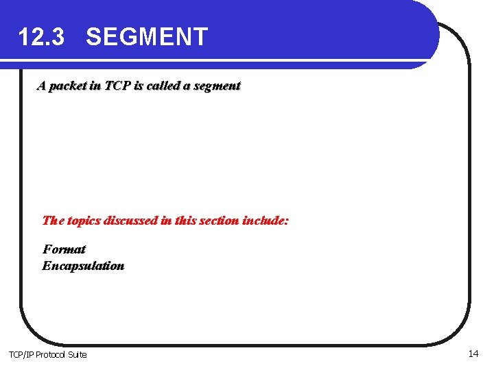 12. 3 SEGMENT A packet in TCP is called a segment The topics discussed