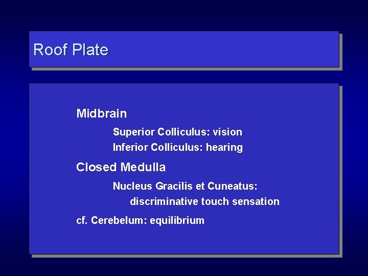 Roof Plate Midbrain Superior Colliculus: vision Inferior Colliculus: hearing Closed Medulla Nucleus Gracilis et