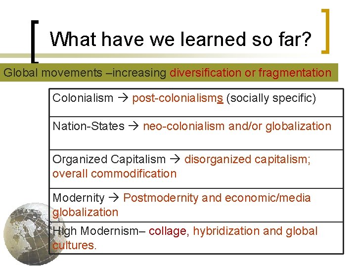 What have we learned so far? Global movements –increasing diversification or fragmentation Colonialism post-colonialisms