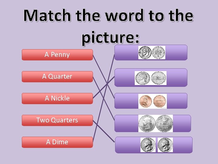 Match the word to the picture: A Penny gdg A Quarter . A Nickle