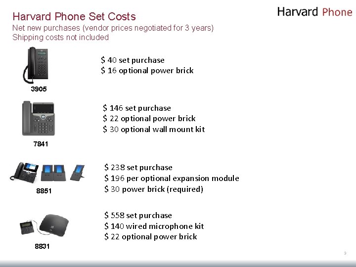 Harvard Phone Set Costs Net new purchases (vendor prices negotiated for 3 years) Shipping