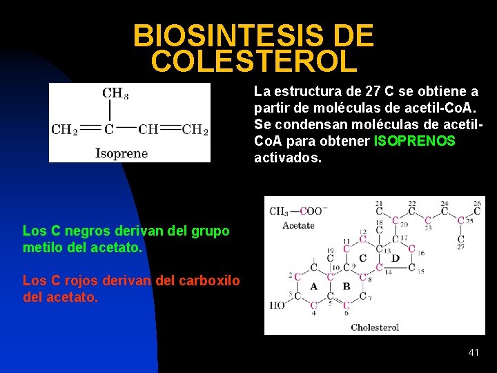 BIOSINTESIS DE COLESTEROL La estructura de 27 C se obtiene a partir de moléculas