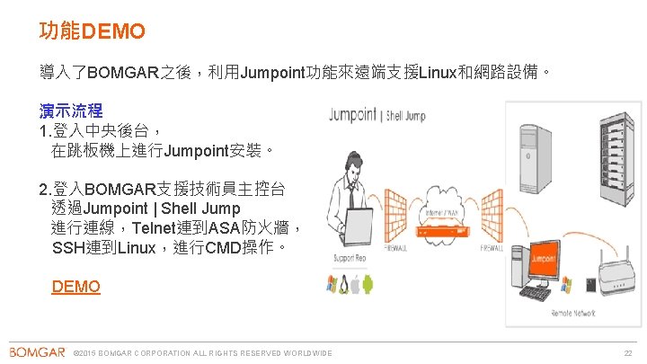 功能DEMO 導入了BOMGAR之後，利用Jumpoint功能來遠端支援Linux和網路設備。 演示流程 1. 登入中央後台， 在跳板機上進行Jumpoint安裝。 2. 登入BOMGAR支援技術員主控台 透過Jumpoint | Shell Jump 進行連線，Telnet連到ASA防火牆， SSH連到Linux，進行CMD操作。