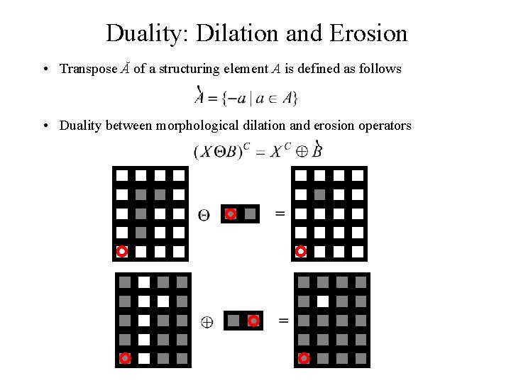 Duality: Dilation and Erosion • Transpose Ă of a structuring element A is defined