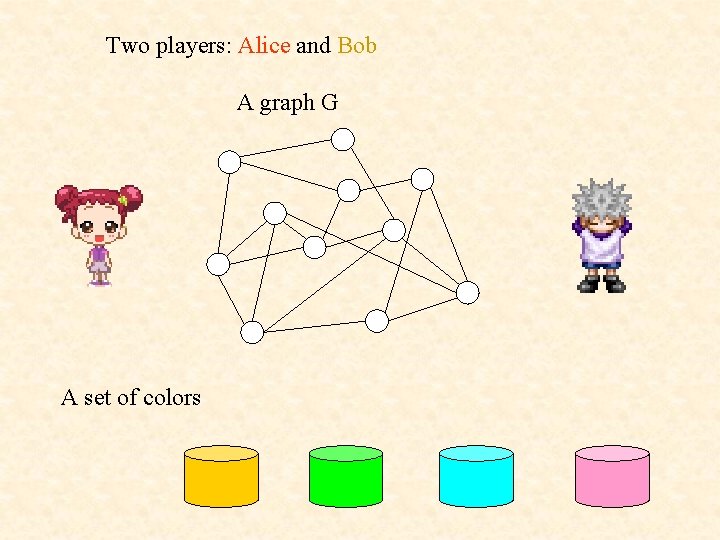 Two players: Alice and Bob A graph G A set of colors 