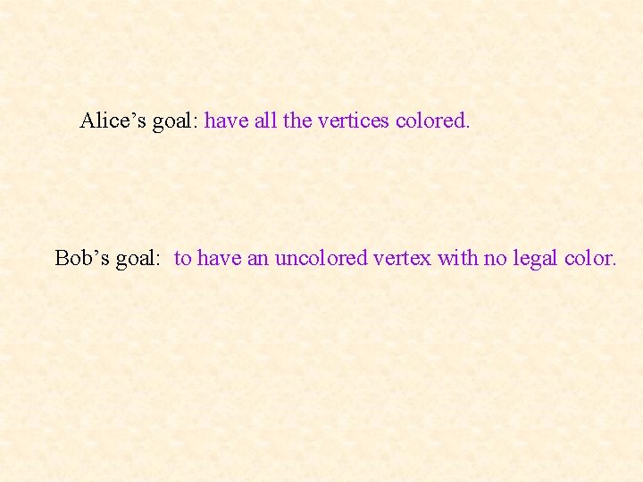 Alice’s goal: have all the vertices colored. Bob’s goal: to have an uncolored vertex