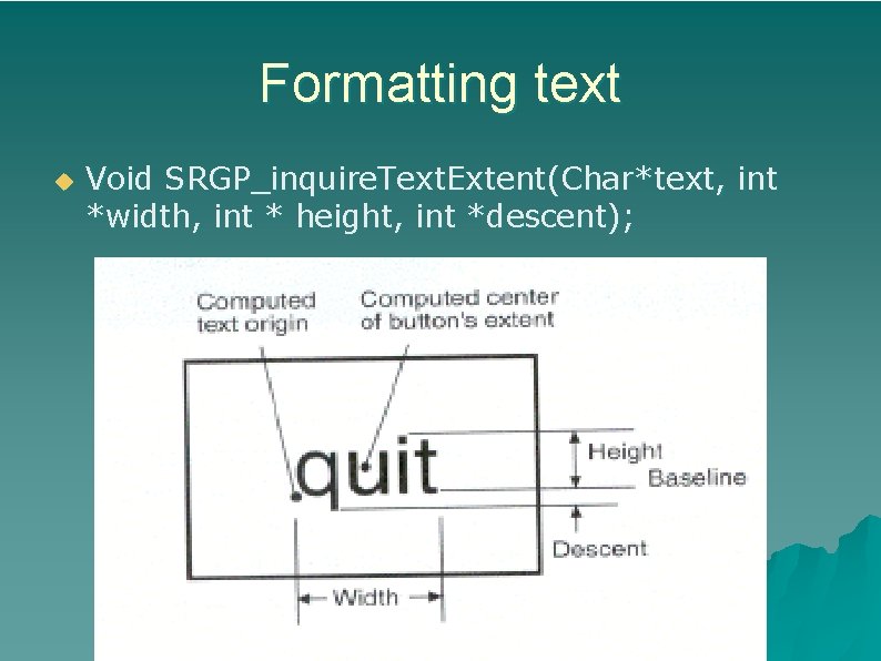 Formatting text u Void SRGP_inquire. Text. Extent(Char*text, int *width, int * height, int *descent);
