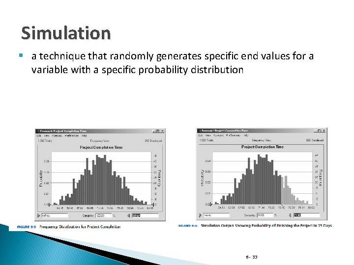 Simulation § a technique that randomly generates specific end values for a variable with
